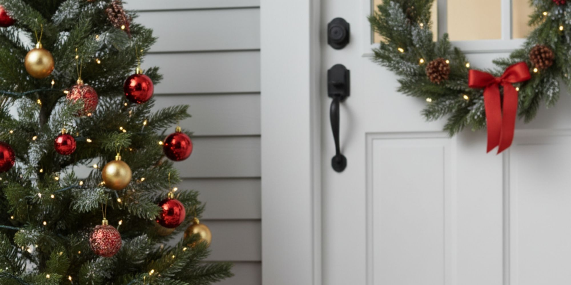front door decorated for christmas
