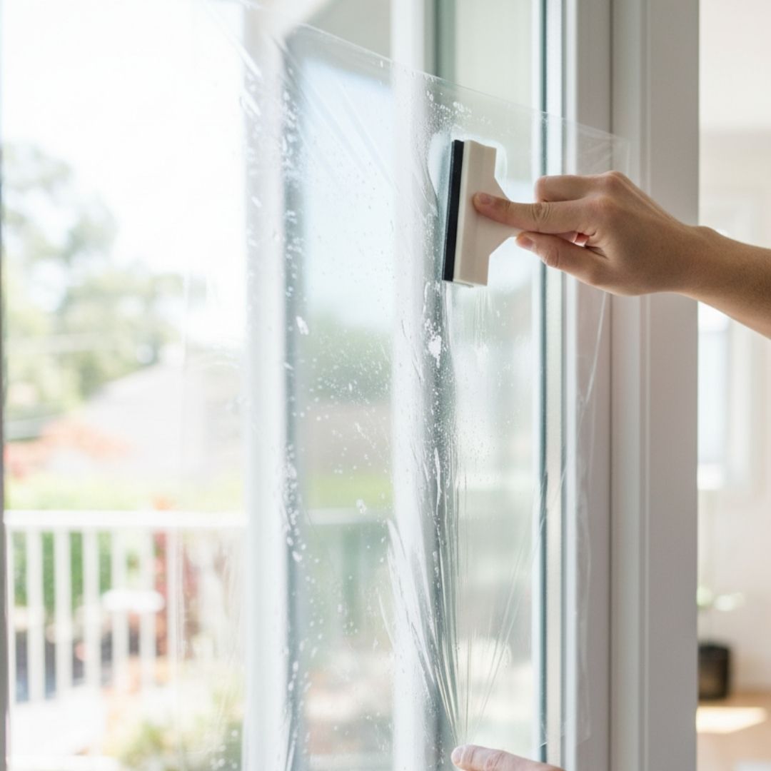person cleaning a window